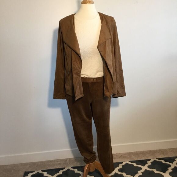 Suede 2 pc Zip Jacket ankle pants suit L (12/14) Old Money Clean Girl J. Jill - Picture 4 of 16